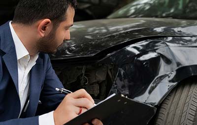 woman on phone looking at car damage